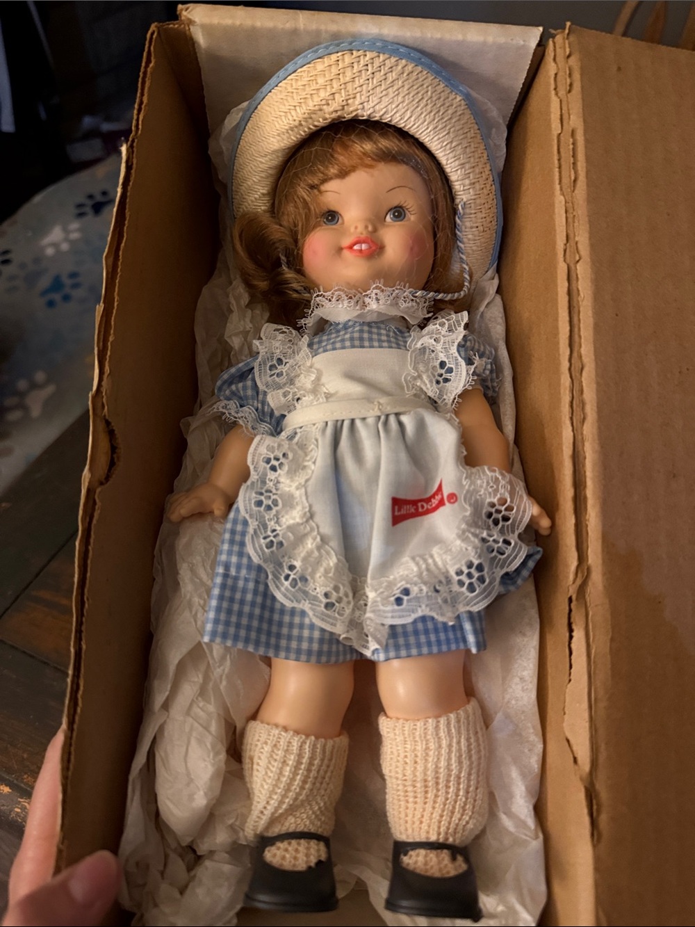 1984 Vintage Little Debbie Blue Gingham Doll with Straw Hat